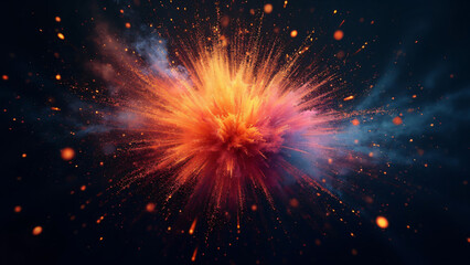 Abstract explosion of colorful particles radiating outwards with motion blur effects, set against a dark background for high contrast and energy