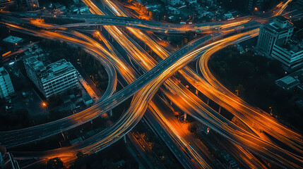 Aerial View of Dynamic Urban Highway Interchange at Night