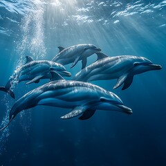 Fototapeta premium A pod of dolphins swimming in formation under the clear blue sea, with sunlight filtering through the water ar 16:9 