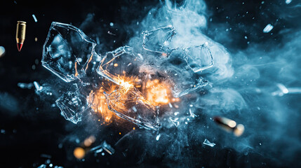 Explosive Impact with Shattered Glass and Flying Bullets in Dark Scene