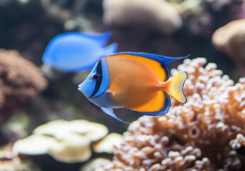 Orange And Blue Fish Swimming Near Coral Reef In Underwater Scene