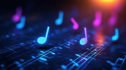 Glowing musical notes on sheet music, digital art, dark background, music concept