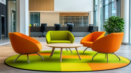 Vibrant Modern Office Lobby Design with Comfortable Seating and Stylish Decor. A Perfect Blend of Functionality and Aesthetics.