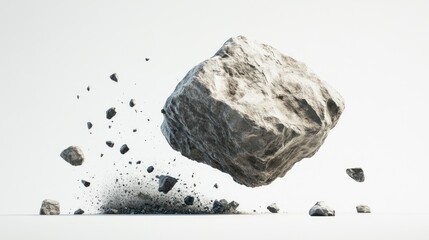 Naklejka premium a giant rock falling and breaking on a white background, with small rocks flying around and a dust explosion near the impact point