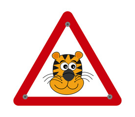 A tiger in red triangular danger sign on white background - vector