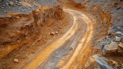 Tire Tracks Winding Through a Deep Excavation in an Open-Pit Mine