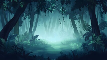 Obraz premium Enchanted forest scene with mist and lush greenery, capturing a serene atmosphere in nature