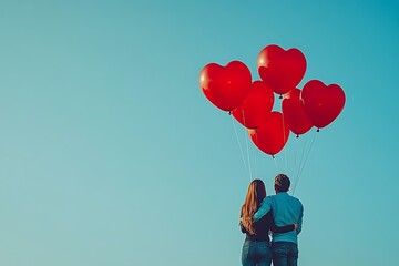 Couple holding heart-shaped balloons against a clear blue sky, symbolizing love and joy