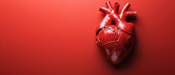 Realistic human heart on a soft red background with copy space for a medical or healthcare concept, top view.