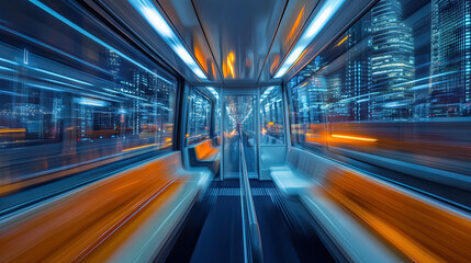 Dynamic Interior of a Modern Subway Train in Urban Night Scene