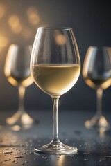 Elegant wine glasses filled with white wine on a wet table in a softly lit setting for a cozy gathering
