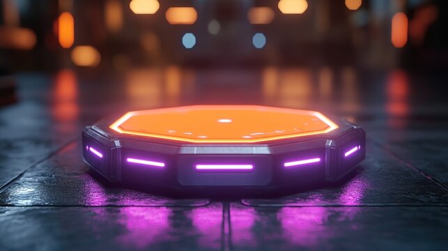 Futuristic platform glows in neon city