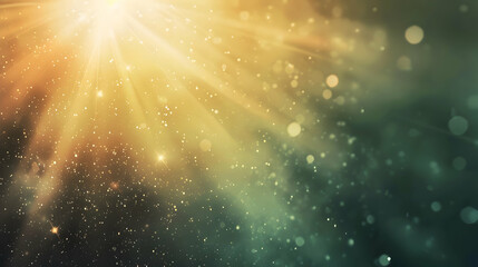 Abstract light rays and bokeh particles create a dreamy atmosphere in a blurred background