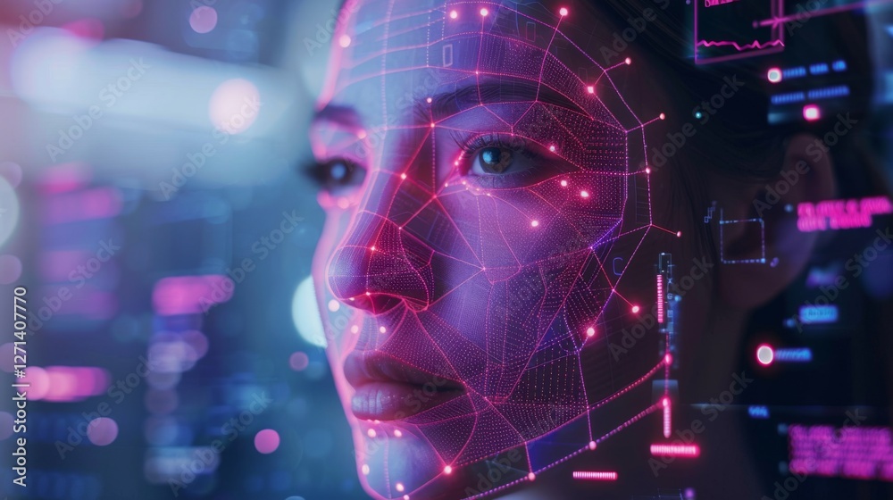 Poster Close up of a woman's face displaying a digital overlay of facial recognition technology. Bright colors and data visuals illustrate the interaction between human features and advanced computing.