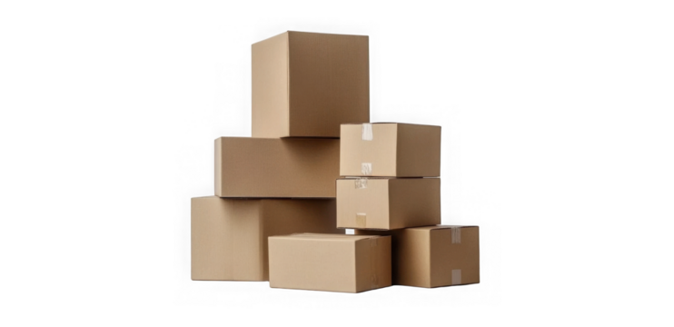 cardboard box warehouse mockup, png file of isolated cutout object with shadow on transparent background. 
