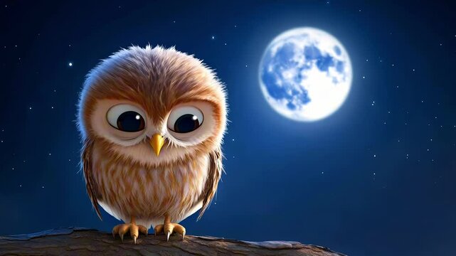Owl cartoon character changing poses under the full moon at night