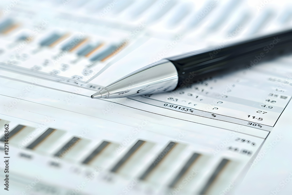 Poster close-up of a pen resting on financial documents with graphs and data analysis in the background