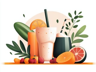 A vibrant arrangement of fresh fruit drinks with greenery, showcasing refreshing flavors and colorful ingredients.