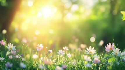Fototapeta premium Beautiful spring meadow with grass and flowers in sunlight background banner, spring themed designs, nature projects, backgrounds, greeting cards, and floralthemed marketing materials.