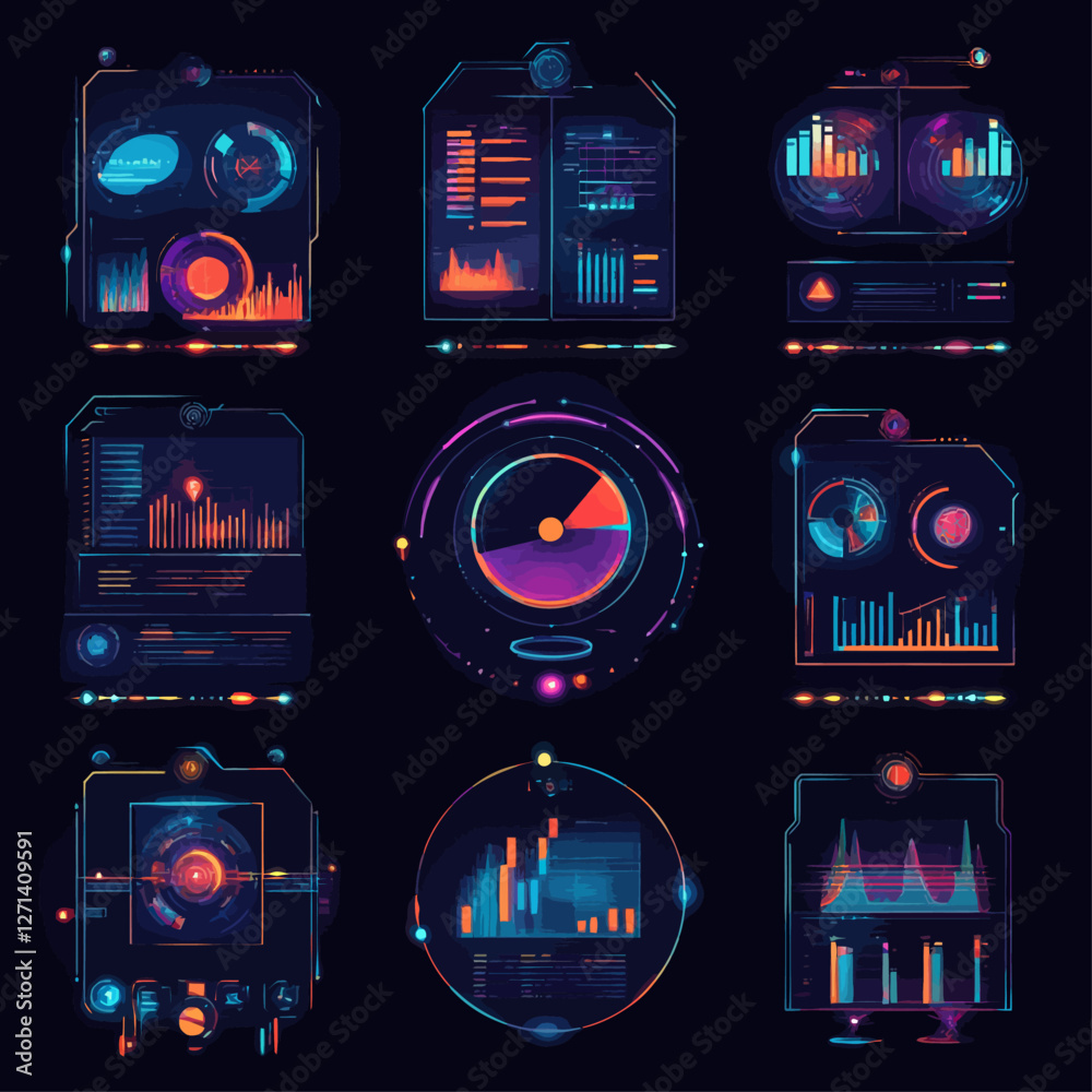 Poster futuristic data visualization panels displaying technology graphs and charts
