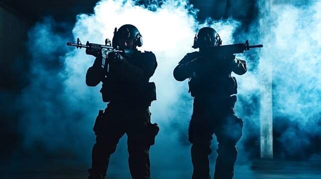 Two police officers wearing tactical gear and helmets are aiming their rifles in a smoky, dark environment, possibly during a raid or training exercise