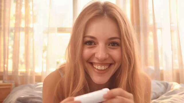 Thrilled woman checking pregnancy test at home close-up, celebrating positive result 