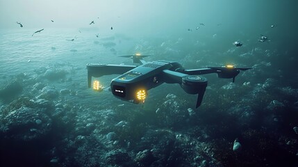 Futuristic Underwater Drone Exploring Ocean Depths Advanced Technology Submersible Drone Exploring Deep Sea Aquatic Life Research Exploration 3D      