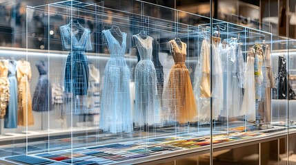 Holographic fashion design board displaying virtual sketches color swatches and textile samples for a fashion collection or trend presentation