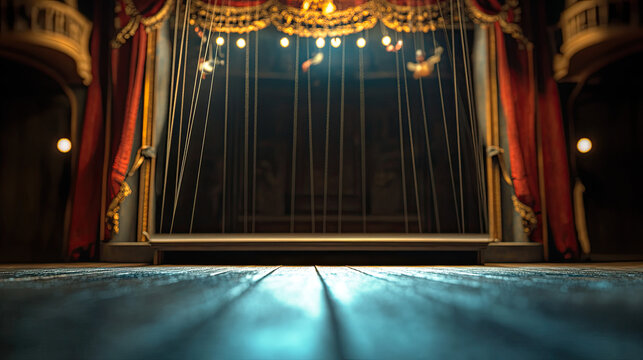 Empty theater stage with marionettes and dramatic lighting effects