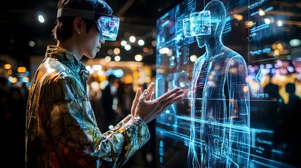 Fashion designer showcasing futuristic holographic prototypes and digital concepts in a creative brainstorming session