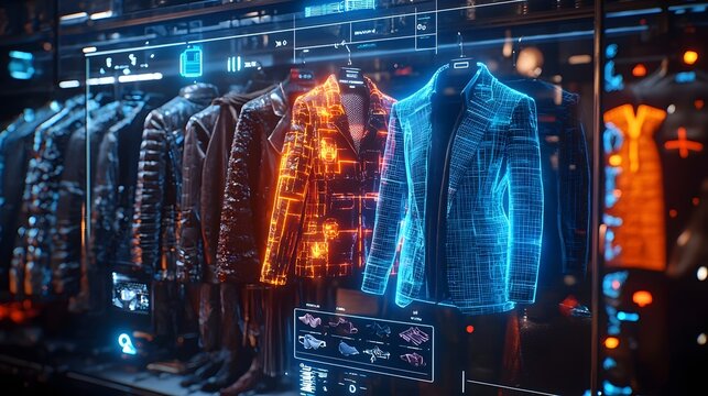 Futuristic holographic wardrobe interface displaying a variety of dynamic and customizable outfit combinations for a digital fashion experience