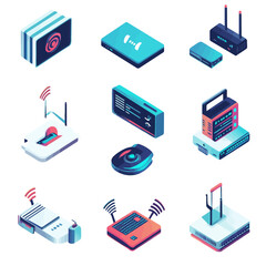 Isometric View of Network Devices, Wireless Router, and Technology Equipment