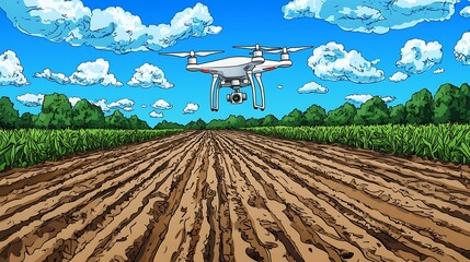 Drone surveying farmland under a partly cloudy sky