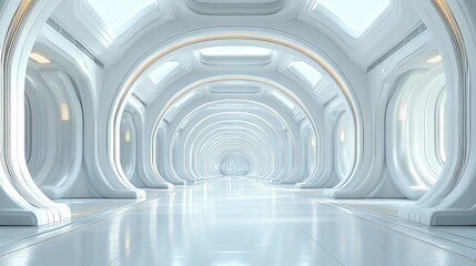 Obraz premium Futuristic white corridor, sunlit, empty, modern architecture, sci-fi design