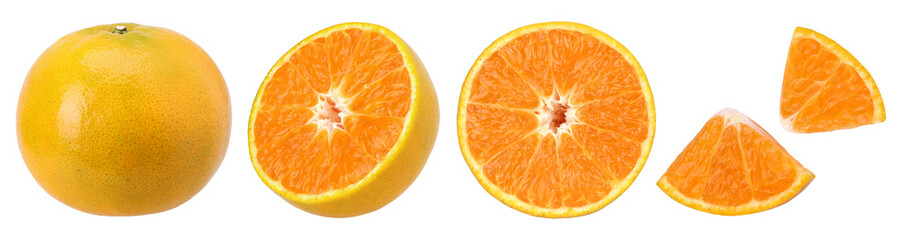 Close-up, Tangerine orange or Clementine half and slices isolated, transparent PNG, PNG format