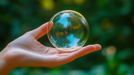 Hand Holding a Giant Bubble Reflecting Nature
