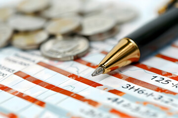 Close-up of a pen on financial documents with coins in the background, illustrating investment