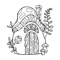 a black and white drawing of mushroom house in outline style for coloring pages	