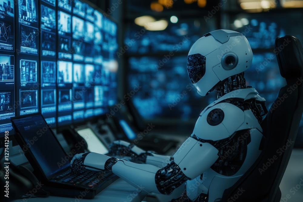 Poster advanced humanoid robot in a control center . a robot stands in front of a computer screen, showcasi