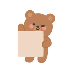 Winking Korean Brown Bear Holding a Blank Signboard