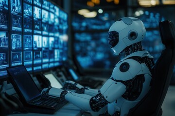 Advanced humanoid robot in a control center . A robot stands in front of a computer screen, showcasing a blend of technology and innovation in a modern workspace.