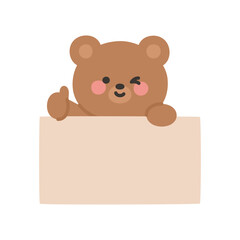 Fototapeta premium Adorable Korean Doodle Bear Winking and Holding Blank Sign