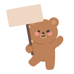 Happy Korean Doodle Bear Holding a Large Blank Sign and Waving