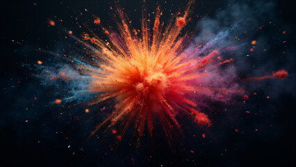 Abstract explosion of colorful particles radiating outwards with motion blur effects, set against a dark background for high contrast and energy