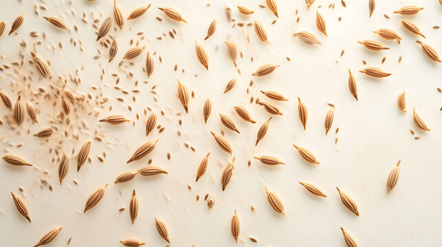 A scattering of cumin seeds across a light background, focusing on their elongated oval shape and earthy color.A scattering of cumin seeds across a light background, focusing on their elongated oval s
