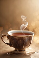 Warm cup of tea exuding steam in a softly lit environment with golden bokeh and a cozy atmosphere