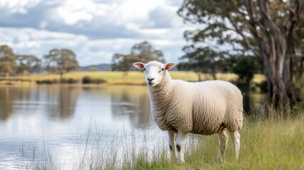 Obraz premium A Serene White Sheep by a Calm Waterside Meadow