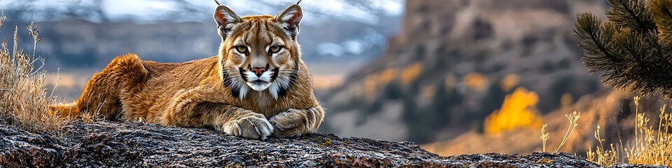 Obraz premium A striking portrait of a mountain lion on a rocky outcrop, with sharp focus and dramatic lighting 