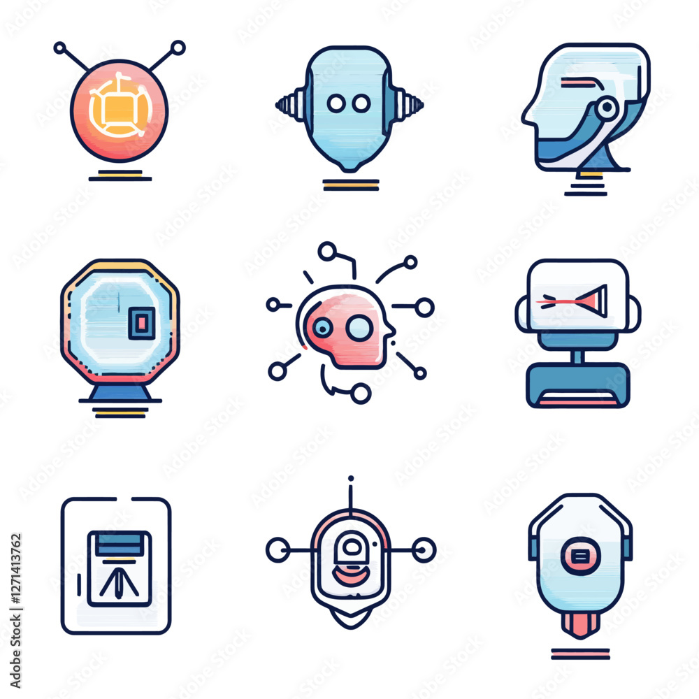 Poster robots heads icons in grid format with artificial intelligence concepts