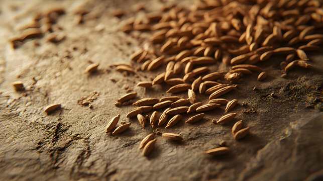 A scattering of cumin seeds on a textured surface, emphasizing their natural shape and earthy tones.A scattering of cumin seeds on a textured surface, emphasizing their natural shape and earthy tones.